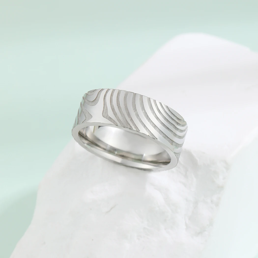 Stainless Steel Damascus Steel Ring Simple Party Accessories for Men and Women 4
