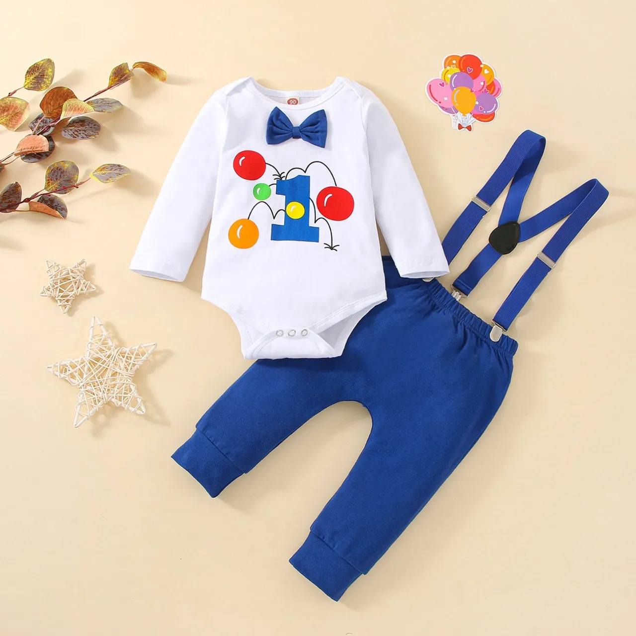 Baby Boy Clothes NO.1 Printed Romper Long Sleeve Bodysuits with Suspender Pants First Birthday Outfit for Cake Smash Photograph