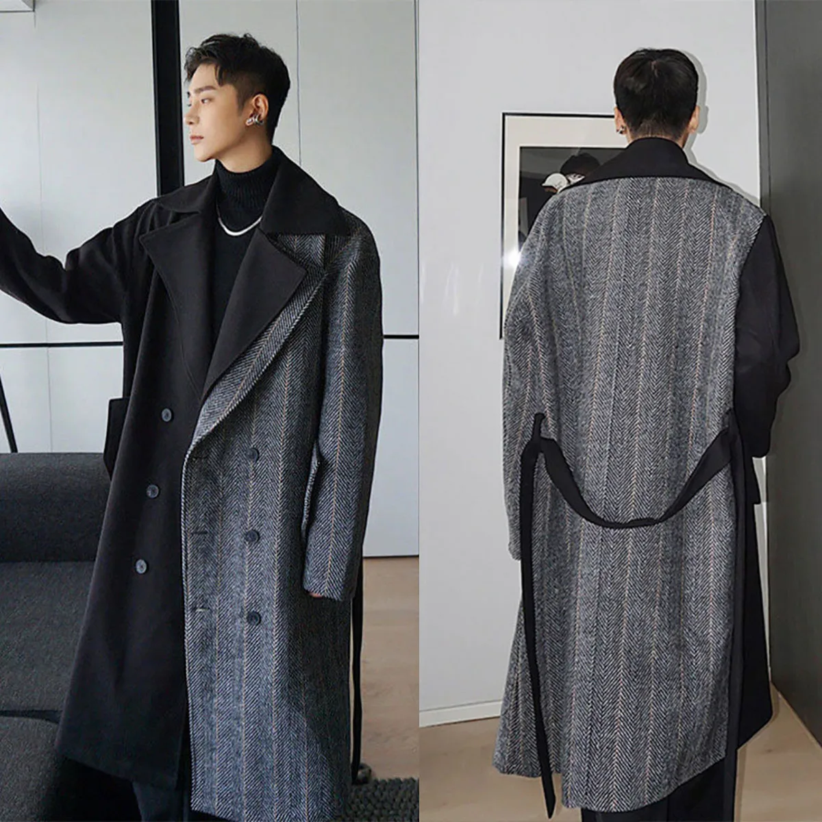 

Herringbone Black Splicing Overcoat Men Suits One Piece Woolen Long Coat Double Breasted Winter Warm Formal Business Custom Made