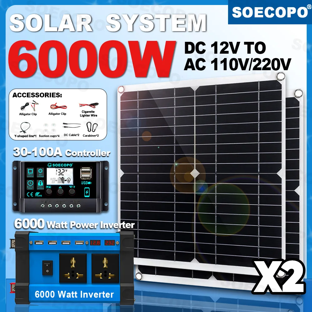 SOECOPO 6000W ชุดระบบพลังงานแสงอาทิตย์ 2*300W แผงพลังงานแสงอาทิตย์ 100A Controller Camping USB 5 V/1.5A DC 12 V - AC 110 V/220 V อินเวอร์เตอร์แผงบ้าน 1