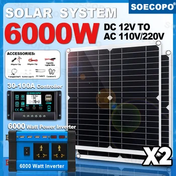 SOECOPO 6000W ชุดระบบพลังงานแสงอาทิตย์ 2*300W แผงพลังงานแสงอาทิตย์ 100A Controller Camping USB 5 V/1.5A DC 12 V - AC 110 V/220 V อินเวอร์เตอร์แผงบ้าน 1