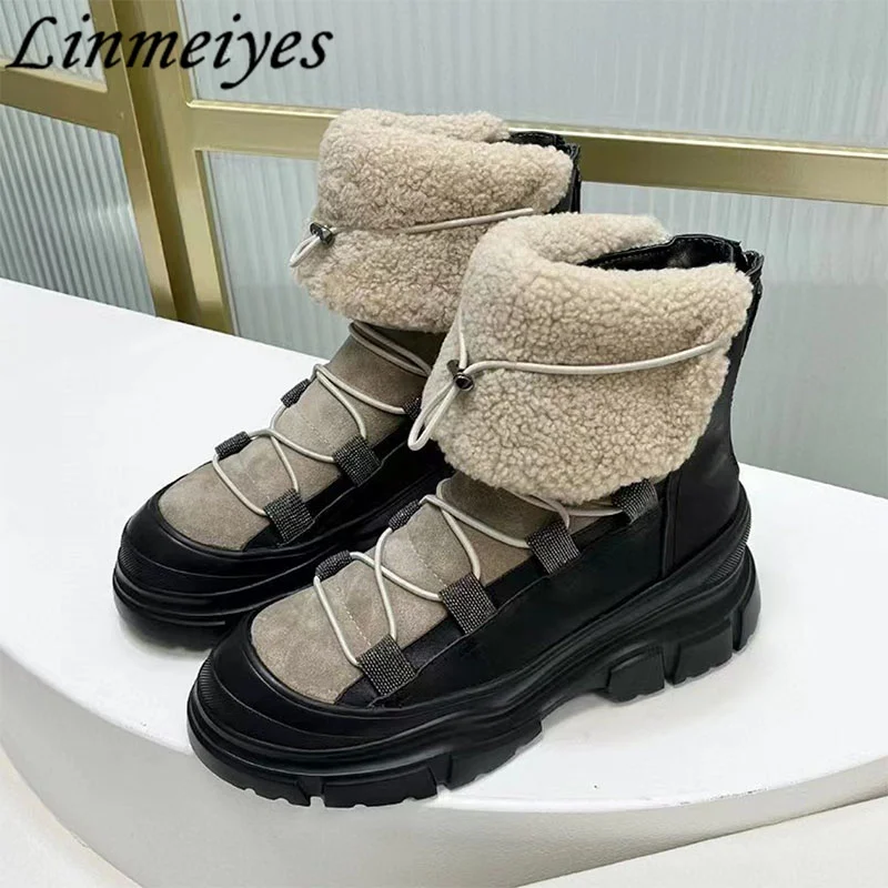 

Winter Thick Sole Snow Boot Women Round Toe Cross-tied Patchwork Short Boots Female Inside Wool Warm Motorcycle Boots Women