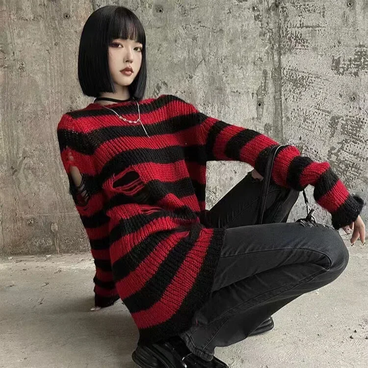 

Goth Punk Gothic Sweater Oversized Pullovers Women Striped Cool Hollow Out Hole Broken Jumper Harajuku Aesthetics Sweater