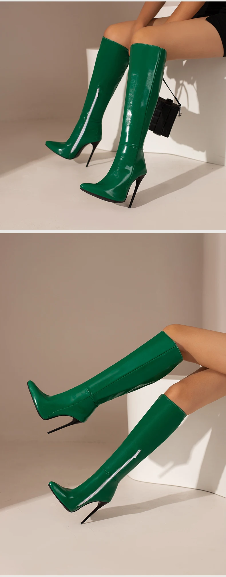 Glossy Patent Leather Pointed Toe Super Stiletto Sexy Women's Knee Boots Plus Size Zipper Plush Lining Slip-On 2022 Winter Shoes