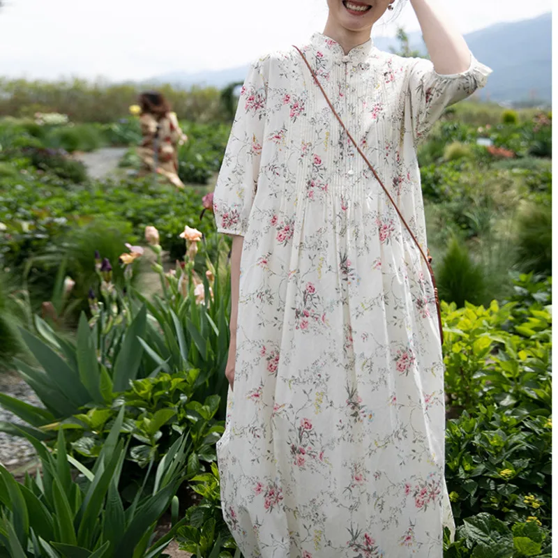 

Elegant Wheat Ear Striped Pure Cotton Dress, Standing Collar, Handmade Buckle, Five Sleeve, New Art, Summer, 2023, 0930