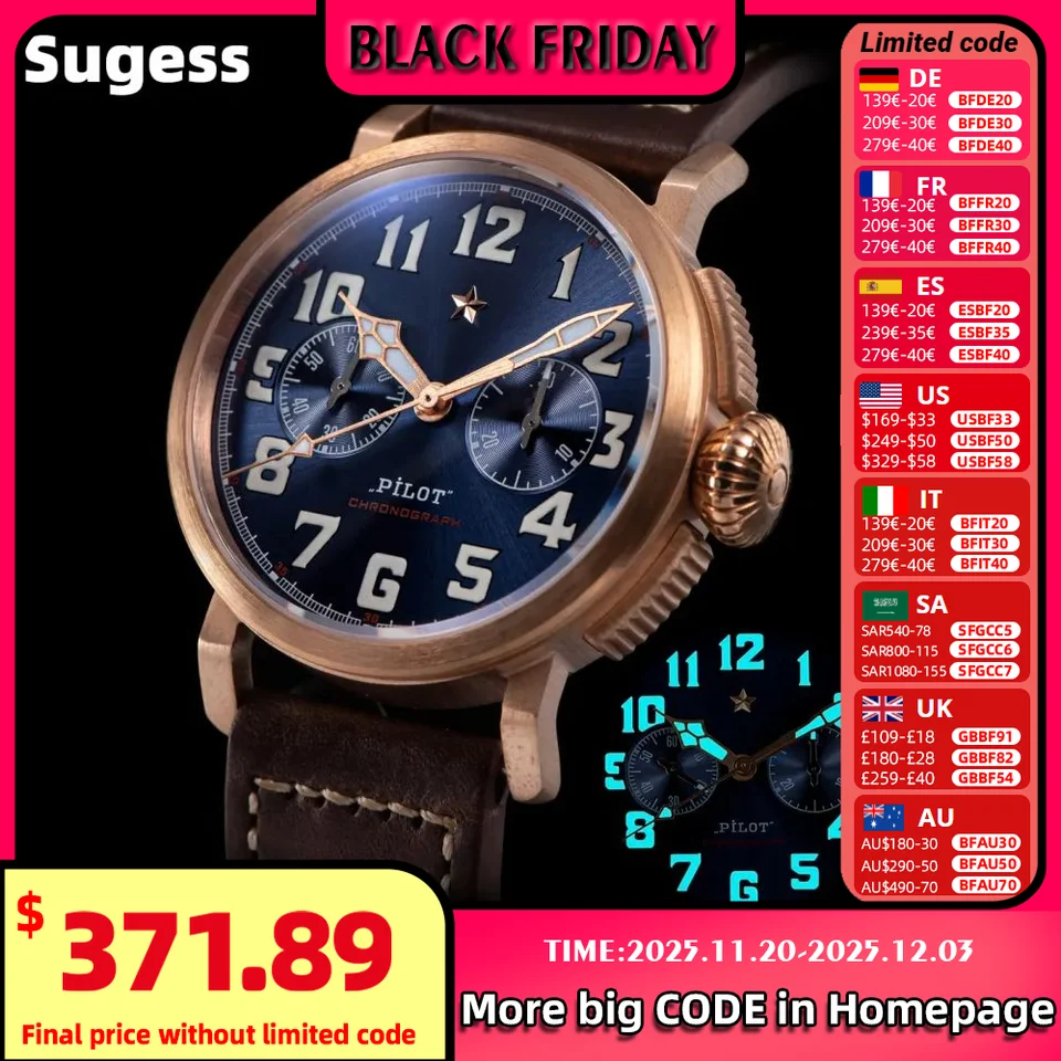Sugess CuSn8 Bronze Pilot Watch of Mens Chronograph Mechanical