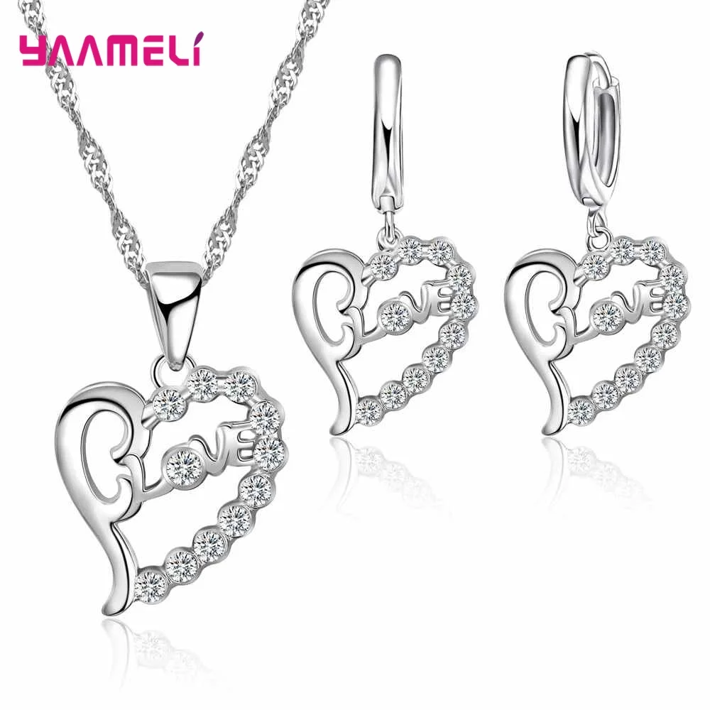 925 Sterling Silver Crystal Flower Square Pendant Necklace Earrings Jewelry Set For Women Girls Wedding Engagement