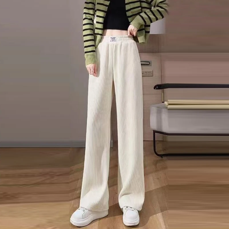 Women Korean Fashion Casual Streetwear High Waist Wide Leg Pants Autumn Winter Female Solid Loose Plush Thick Straight Trousers