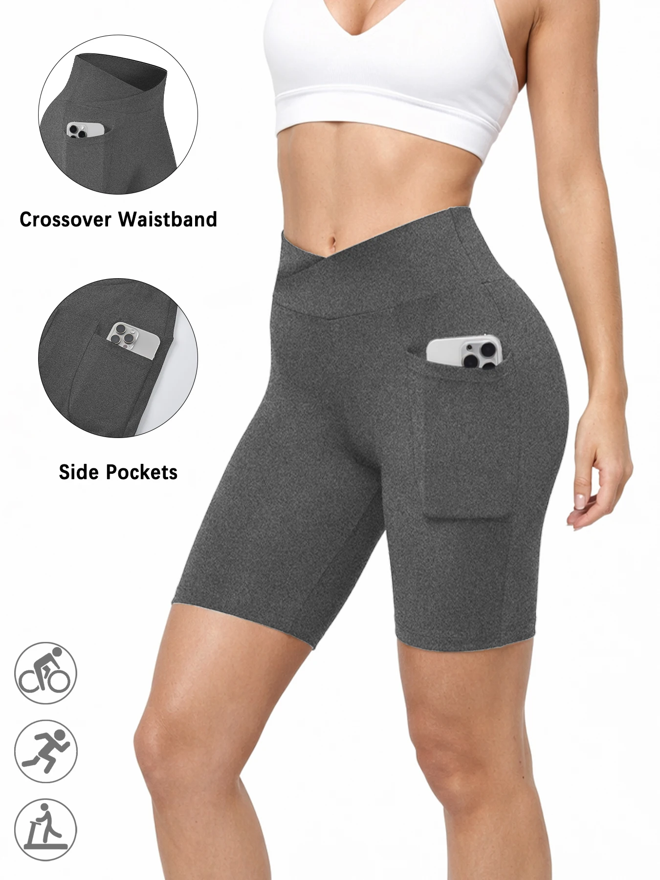 Women's Super Soft Crossover High Waisted Biker Shorts With Pockets Tummy Control No See Through Workout Yoga Running Shorts