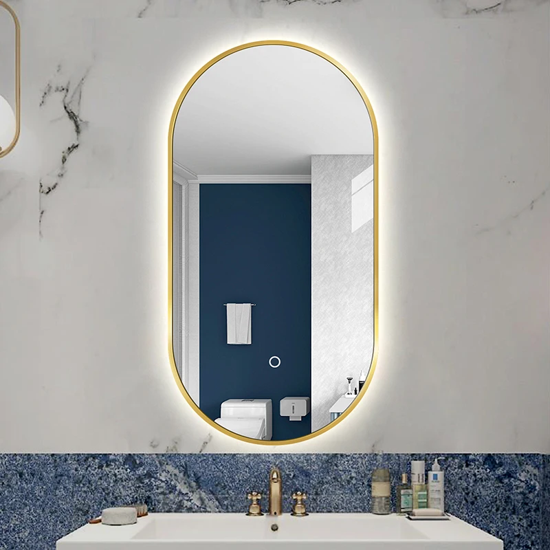 Smart Oval No Fog Bathroom Mirror Light Unbreakable Frame Gold Bathroom