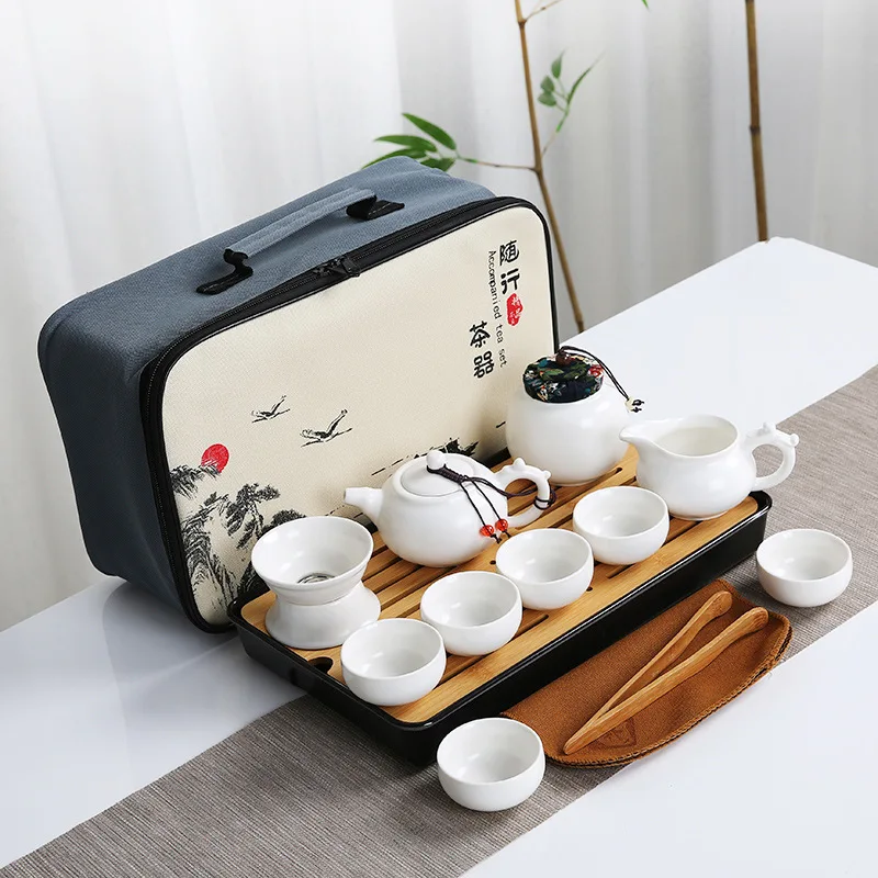 Ding ware travel tea set suit car portable ceramic complete set kung fu tea one pot four cups customizable