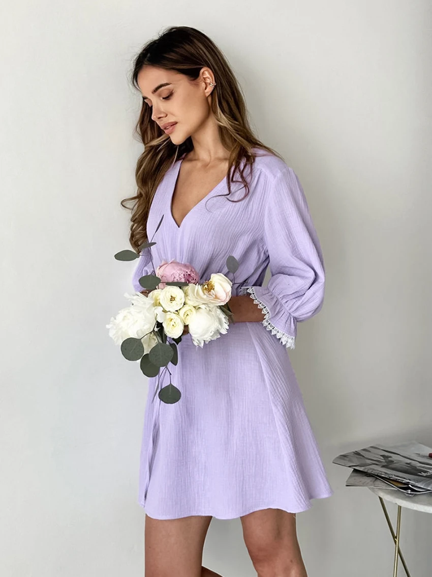 Marthaqiqi Fashion Ladies Nightwear Sexy V-Neck Sleepwear Three Quarter Sleeve Nightgowns Mini Dress Women'S Causal Pajamas