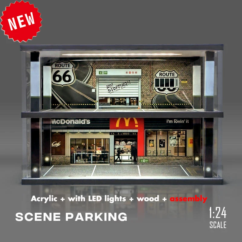 Diorama 1 24 Diecast Car Garage Wood Display Case With Light 2 Layer Storage Parking Lots Scene Model Acrylic Collection Tidy Up