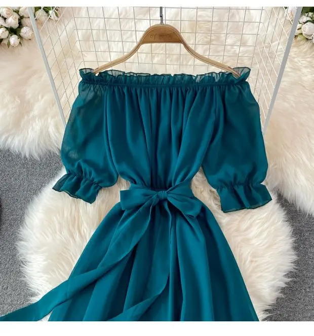 Beach Dress Women Sexy Off The Shoulder Slash Beach Chiffon Dresses Ladies Elegant A Line Bandage Party Dress Long Robe