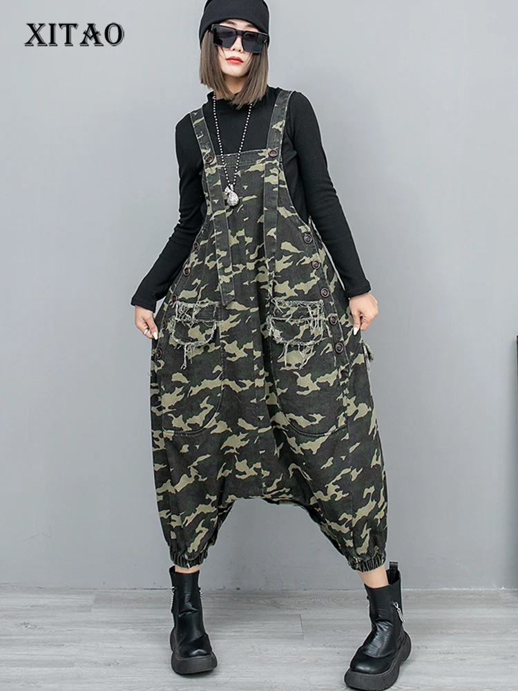 

XITAO Loose Camouflage Jumpsuits Casual Big Pocket Ankle-Length Pants Spring Fashion All-match Women New Cross-pants LYD1612