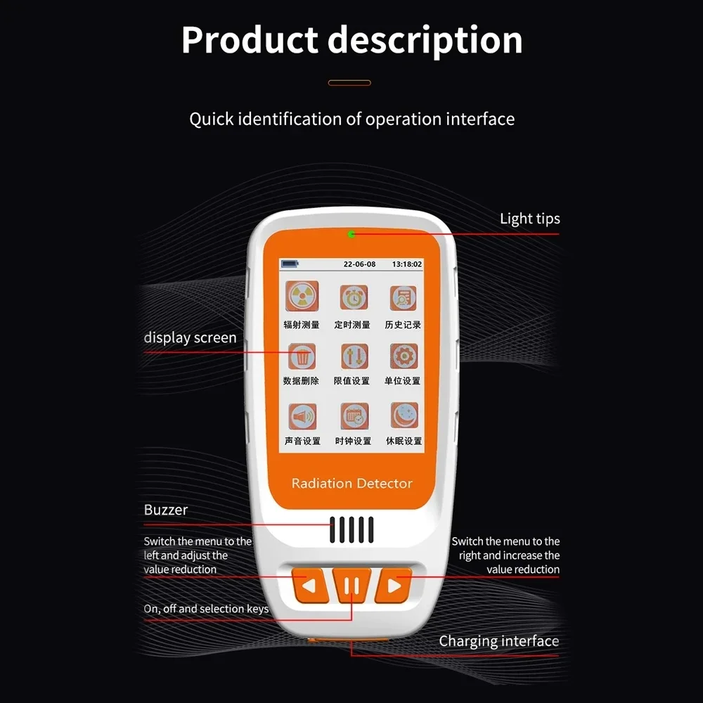 HFS-20 Handheld Geiger Counter Nuclear Radiation Detector Color Screen High Precision X &beta; &gamma;-ray Tester Dosimeter Alarm Settings