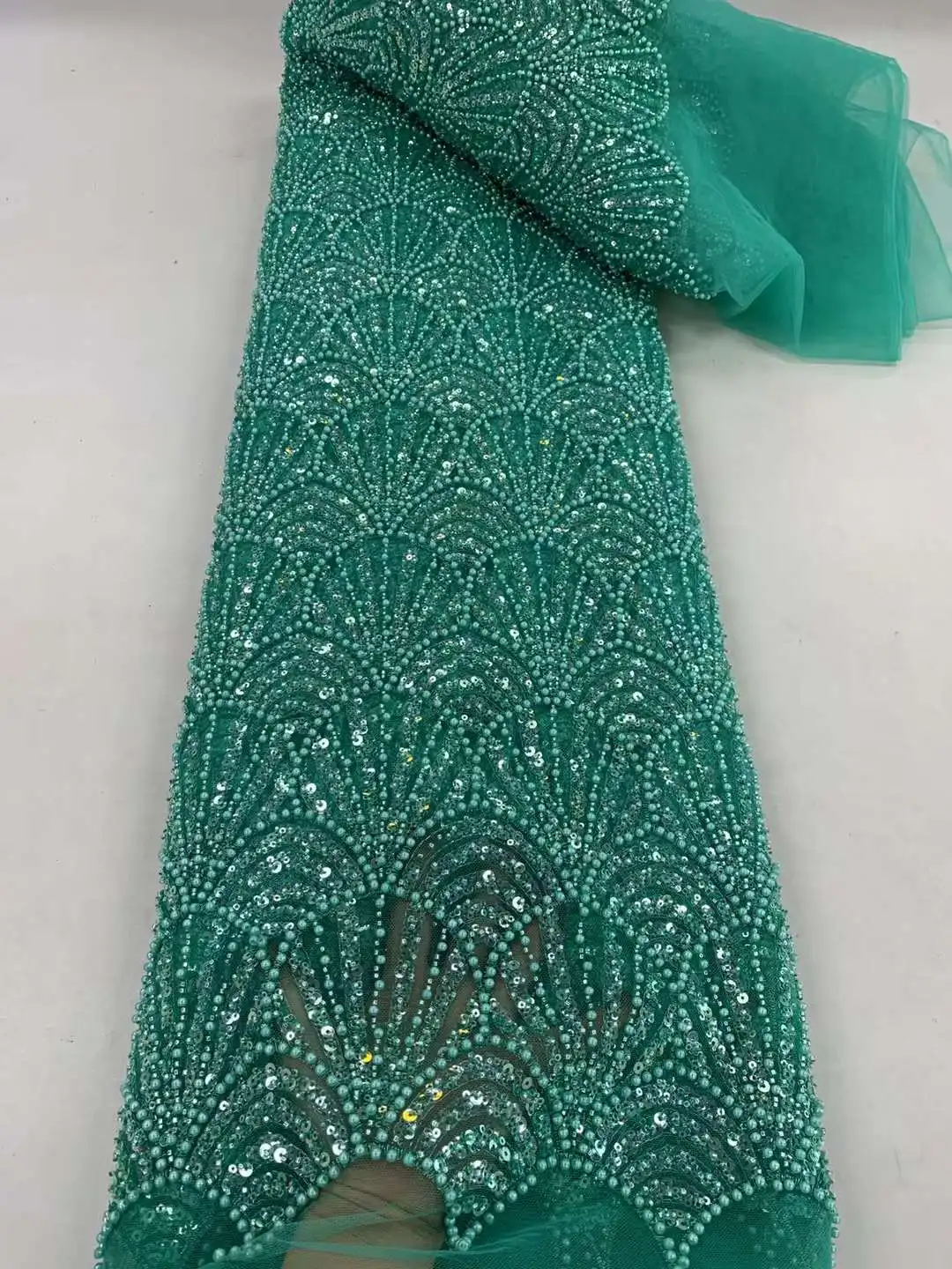 Fashion Long Tube Rice Bead French Embroidery Mesh Lace Fabric for Evening Party Dress African Women Wedding Outfit Material ZX