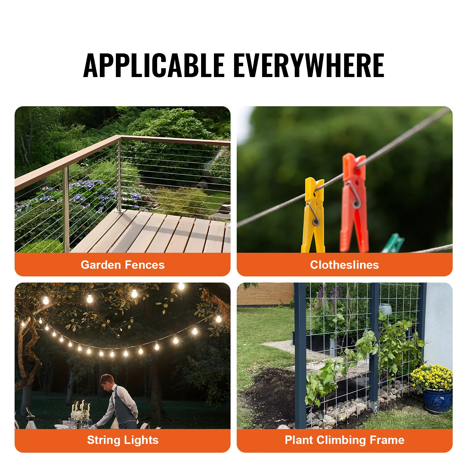 VEVOR 250 ft Wire Cable Rope Stainless Steel 7 x 19 Strands Wire Cable Garden Railing Fence Roll Kits for Outdoor Tent