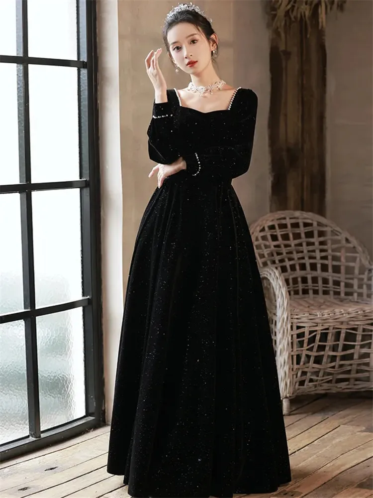 black-dress-women's-autumn-winter-solid-color-square-collar-beading-sequin-long-sleeve-a-line-skirt-elegant-female-clothing-m165