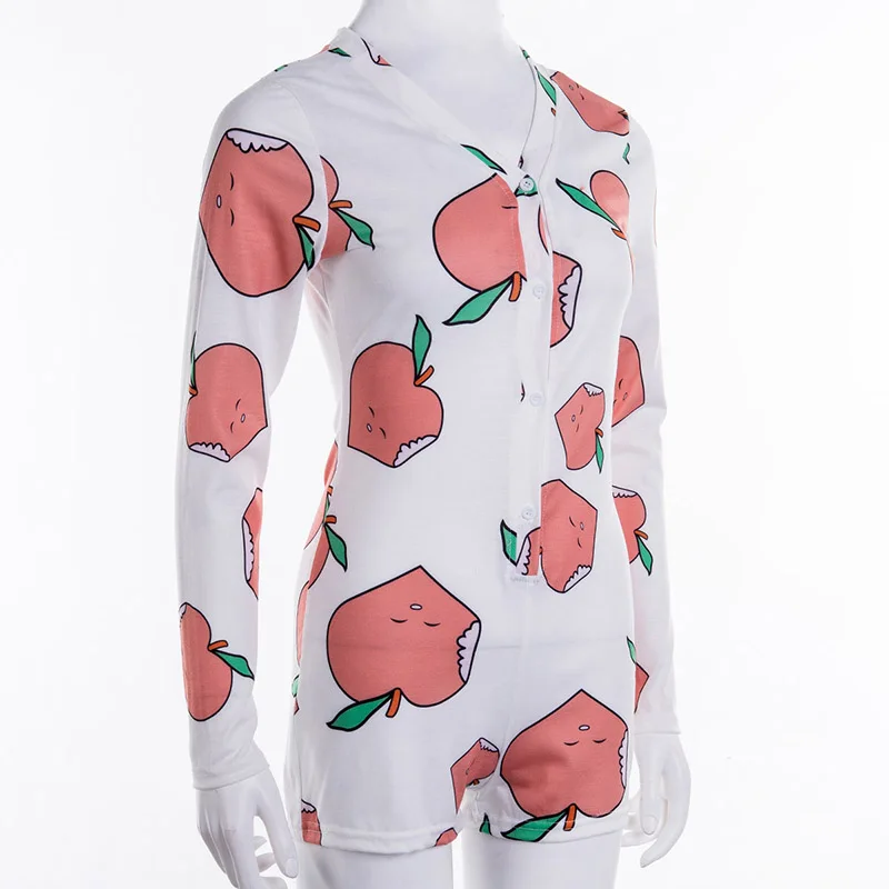 Women Long Sleeve Low Cut Bodycon Sleepwear Spicy Print Short Romper Pajamas Overalls Spring Autumn Housedresses