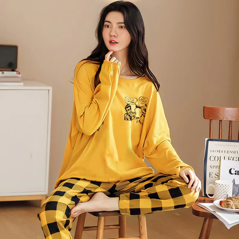 Women's Pajamas Sets Big Size 5XL Pyjama Plaid Loungewear Summer Autumn Sleepwear Cartoon 2 Piece Pjs Homewear
