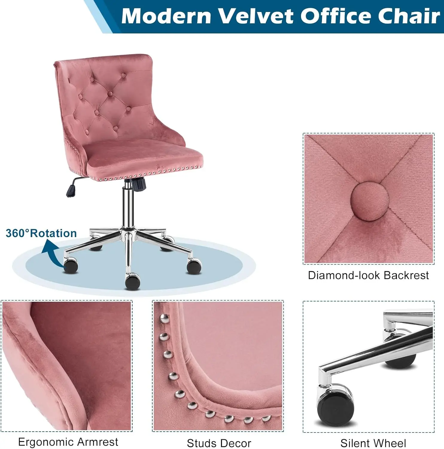 Velvet Office Chair - Modern Upholstered Desk Chair with Adjustable Height, Tilting Mechanism, and Rolling Wheels - Pink