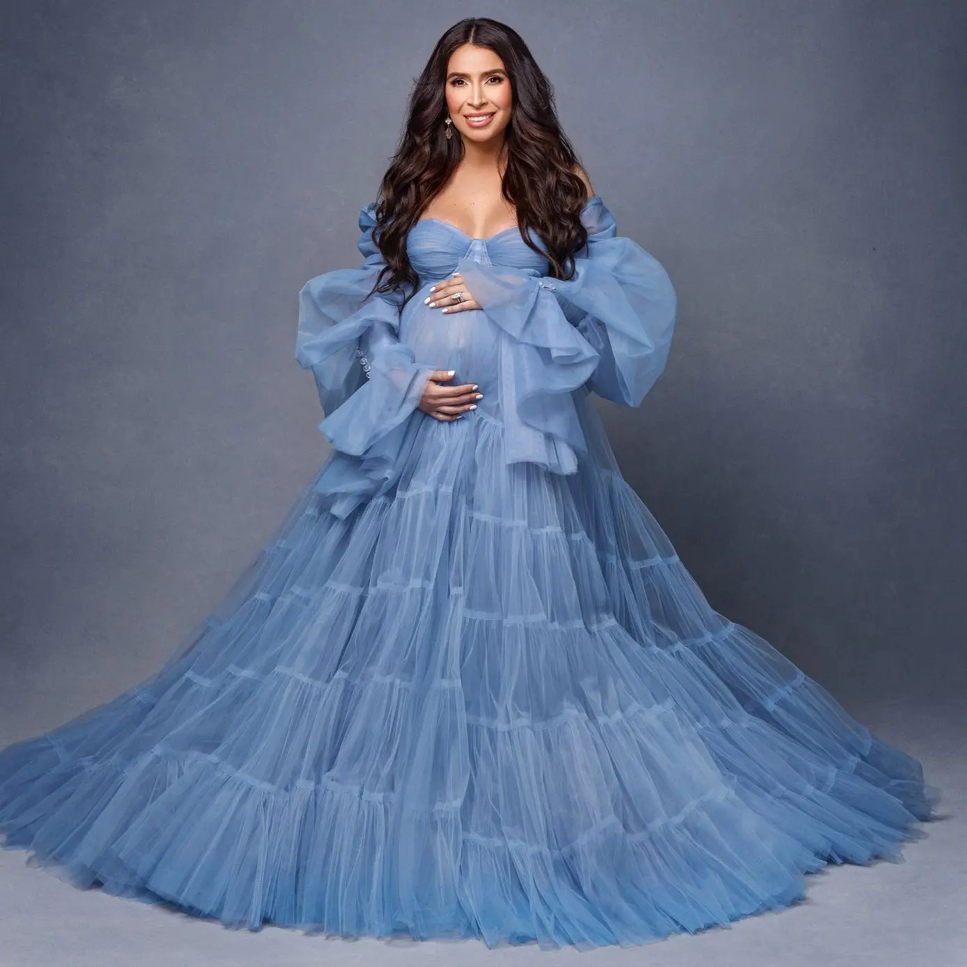 

Blue Maternity Dress for Photoshoot Long Sleeve Prom Dress Ruffles Party Wear Layered Tulle Robe Pregnancy Babyshower Bathrobe