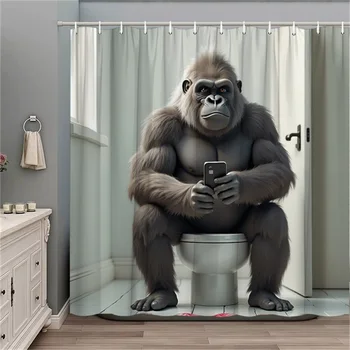 Gorilla divertente seduto sul WC Tenda da doccia Decorazione divertente del bagno, inclusa 12 ganci, design moderno del bagno 1