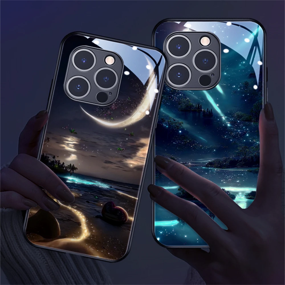 Mondlicht-Galaxie-Strand Leuchtende Handyhülle LED-Licht Glas Stoßfeste Hülle Für VIVO X70 X80 X90 X100 X200 Pro Plus IQOO 12 – Detail 15