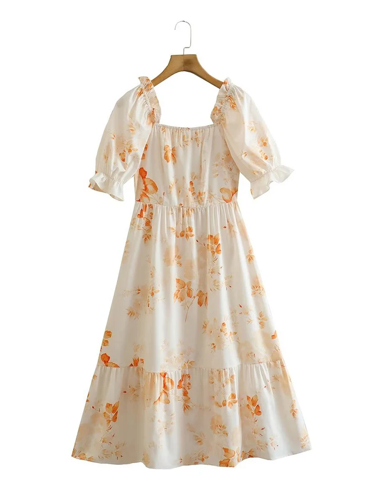 

Jastie Elegant Floral Printed Boho Summer Dress Ladies Casual Short Sleeve Loose Beach Dress Women Square Collar Vestidos Female