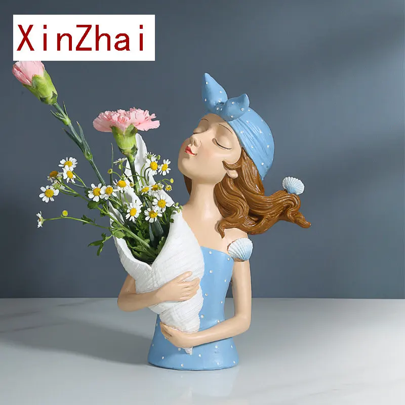 

Статуэтка из ракушек для девочек, синяя скульптура из смолы, ваза с морской звездой, Современная Статуэтка для хранения, аксессуары для украшения дома, гостиной