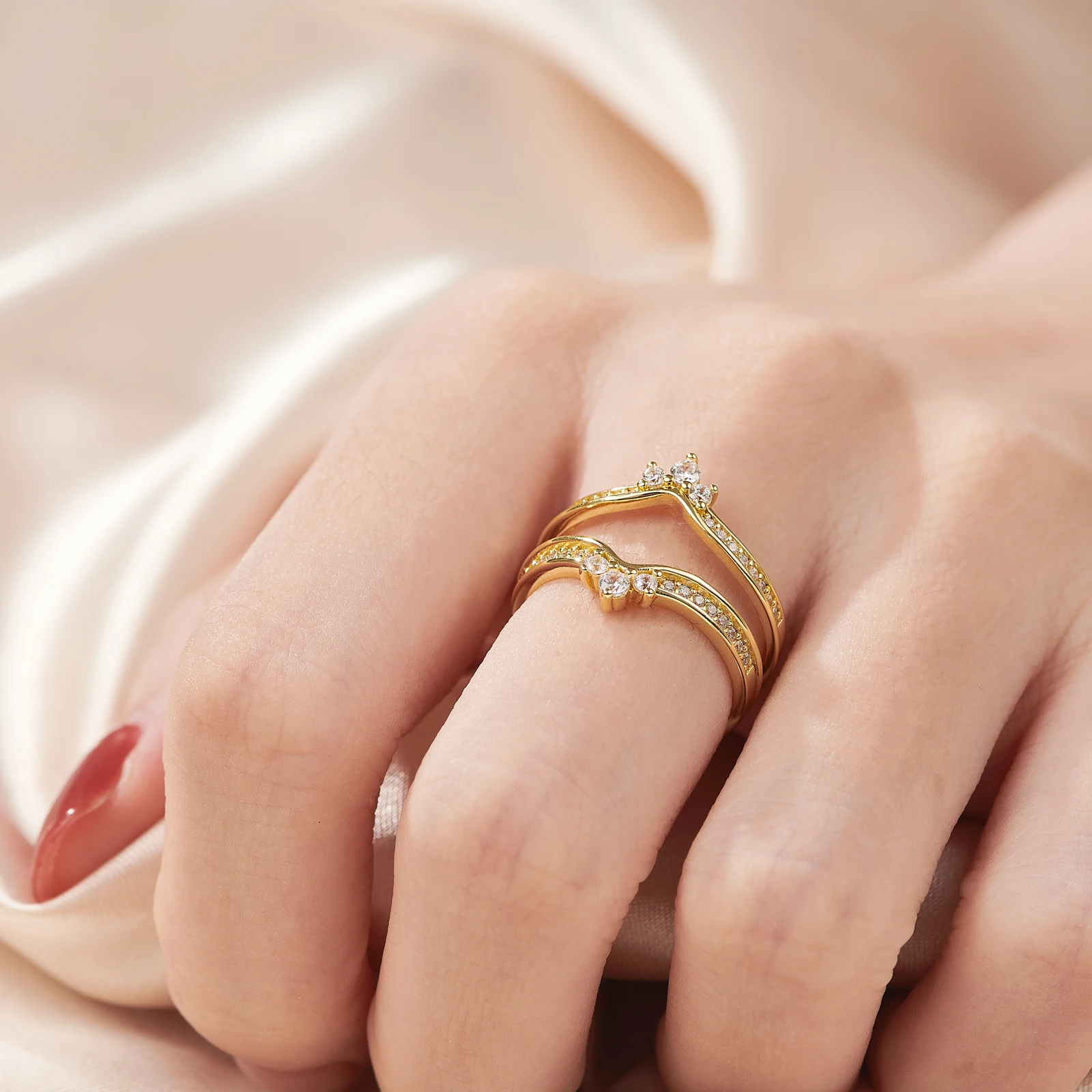 Newshe 925 Silver Yellow K Gold Crown Wedding Rings for Women Guard Enhancers Round Cubic Zirconia Adjustable Wrap Band