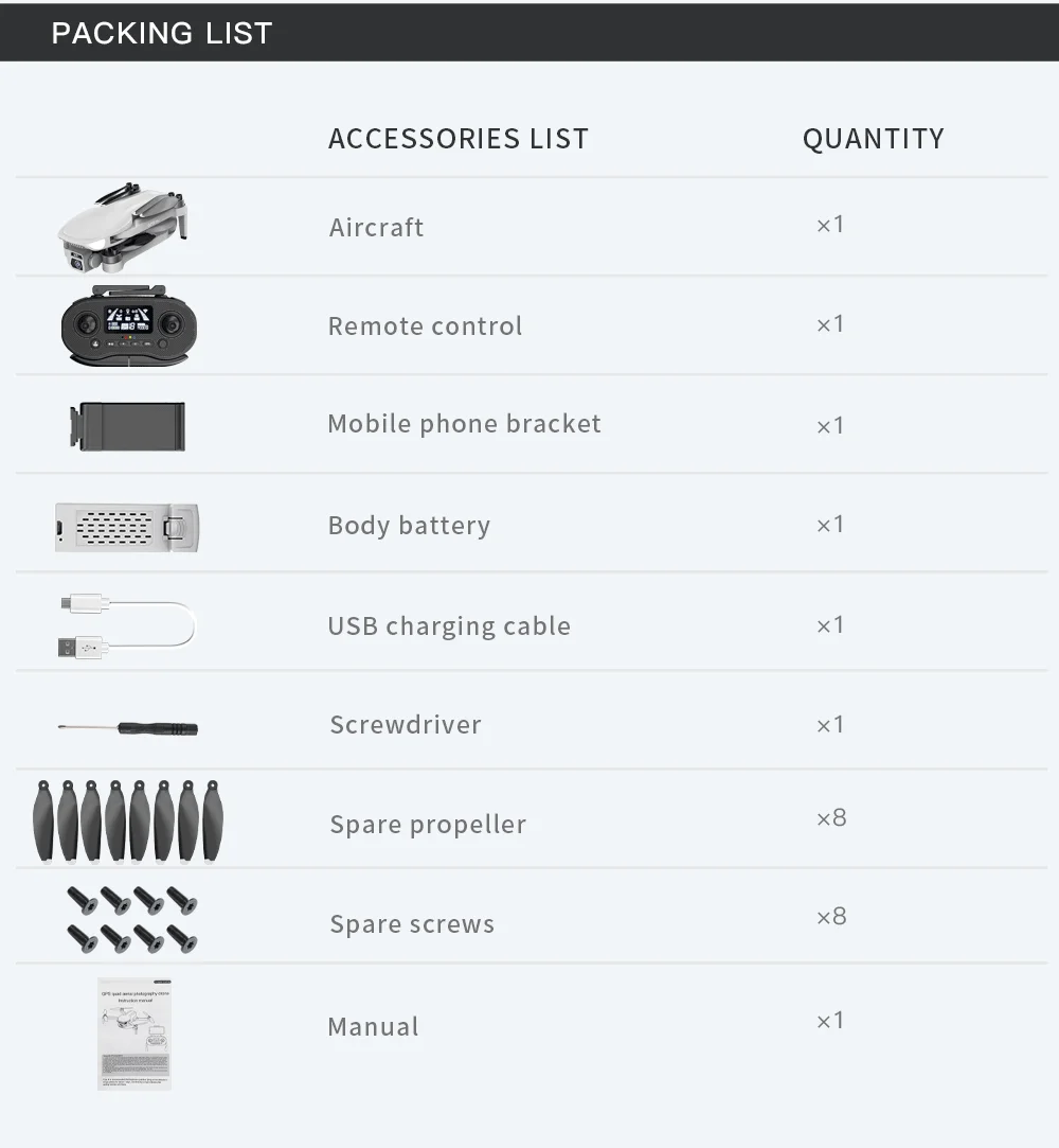 L500 PRO Drone, PACKING LIST ACCESSORIES QUANTITY Aircraft x1