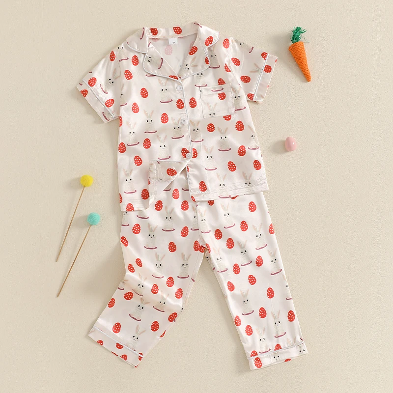 Adorable Toddler Easter Pajama Set with Bunny and Chick Print Short Sleeve Button-up Tops and Long Pants 2 Piece Sleepwear 3