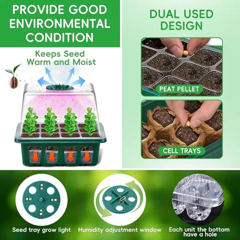 Seed starter tray with grow lights adjustable humidity dome seedling starter tray raised lid