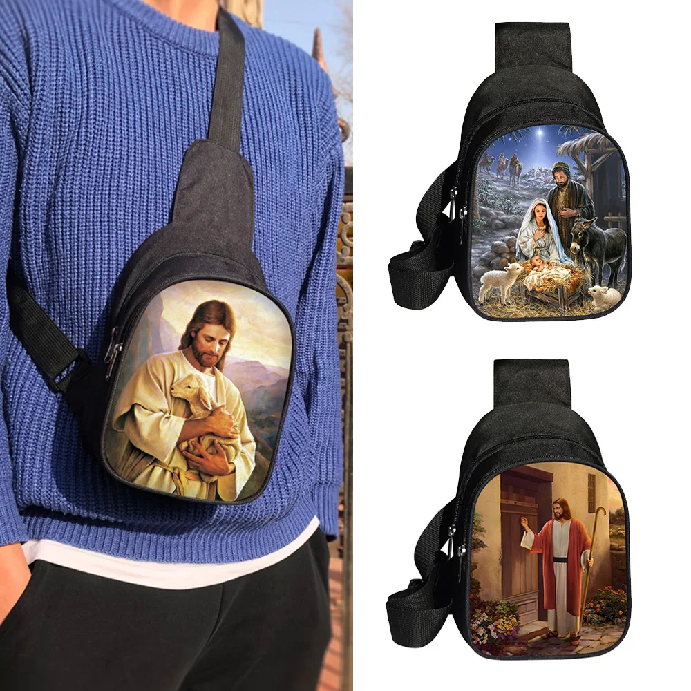 

Christian Religion Jesus Print Chest Bag Christ Saviour Prayer Blessing Crossbody Bag Women Outdoors Messenger Bags Phone Holder