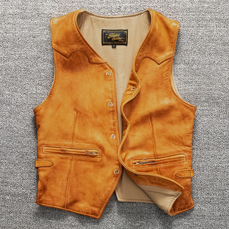 Yellow Spring Leather Vest Men Single Breasted Casual Style Plus Size 5XL Genuine Natural Sheepskin Slim Fit Short Vest 2