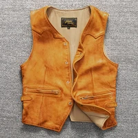 Yellow Spring Leather Vest Men Single Breasted Casual Style Plus Size 5XL Genuine Natural Sheepskin Slim Fit Short Vest 2