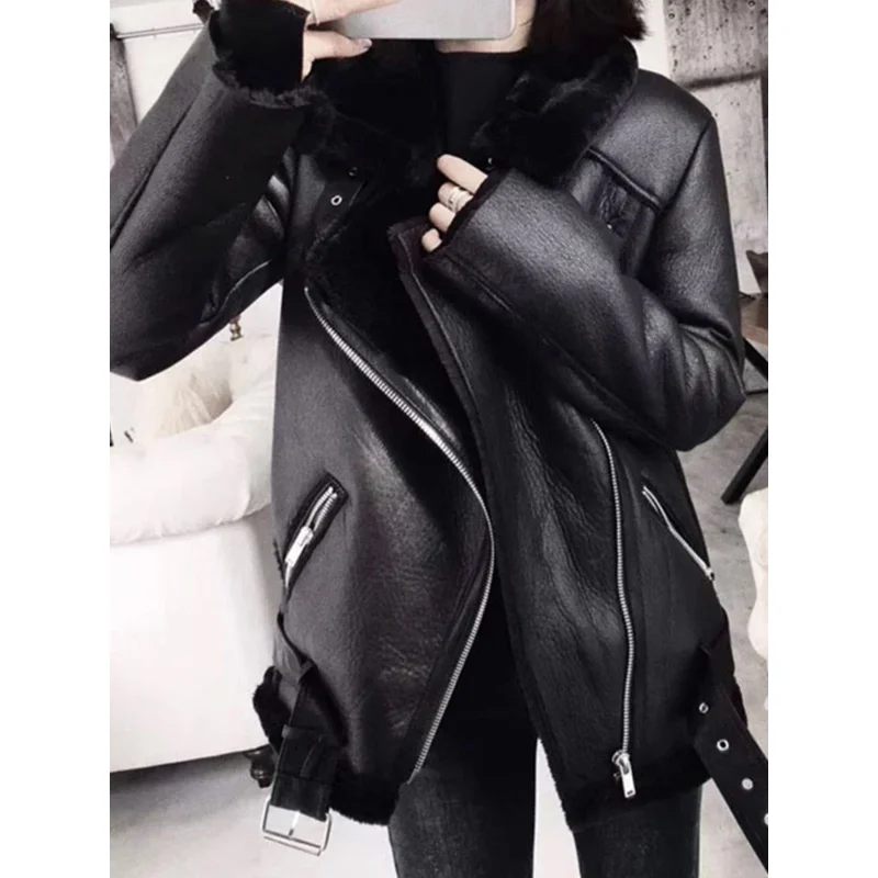 

2023 Winter Coats Women Thick Faux Leather Fur Sheepskin Coat Female Fur Spliced Jacket Aviator Outwear Casaco Feminino