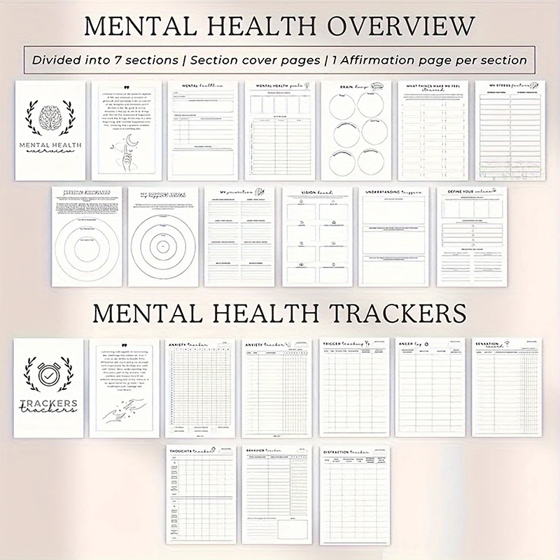 【W】정신 건강 일기장 불안 및 지도형 일기장 자기 관리 일기장 긍정적 사고 연습을 위한 일기장 기분 추적 기능이 있는 ADHD 플래너