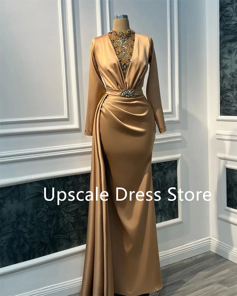 

Champagne Luxurious Mermaid Prom Dresses Beaded Crystals Evening Formal Party Birthday Gowns Custom Dress فستان حفلات الزفاف