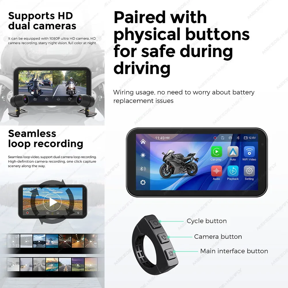 6.25 inch Portable Motorcycle GPS Navigation IP67 Waterproof Monitor Wireless Carplay moto Android Auto Dual DVR Drive Recorder