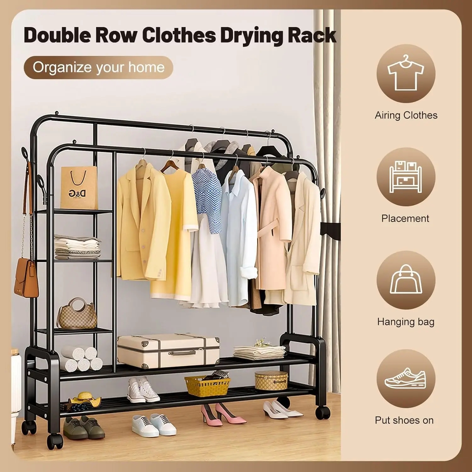 رف ملابس مزدوج حديد وعجلات متحركة 3 طبقات