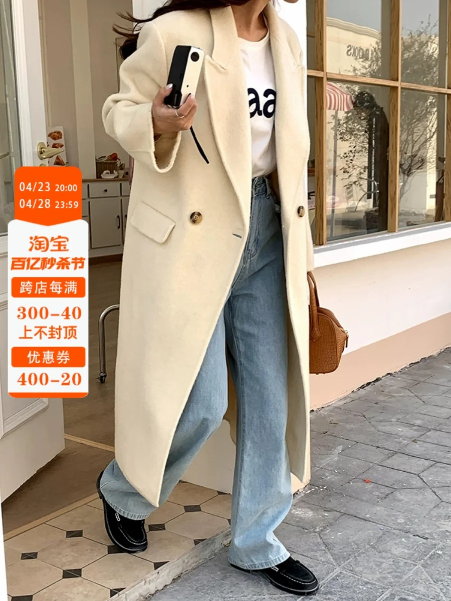 

Dalian Dongyue Off white Camel Fleece Double sided Cashmere Coat Women's Mid length Suit Collar Style Woolen Coat