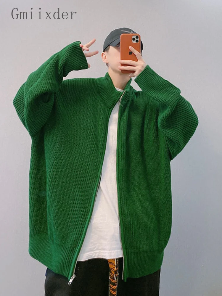 

Zipper Knitted Sweater Men's Autumn Winter High Street Streetwear Oversize Green Fashionable Stand Collar Jacket