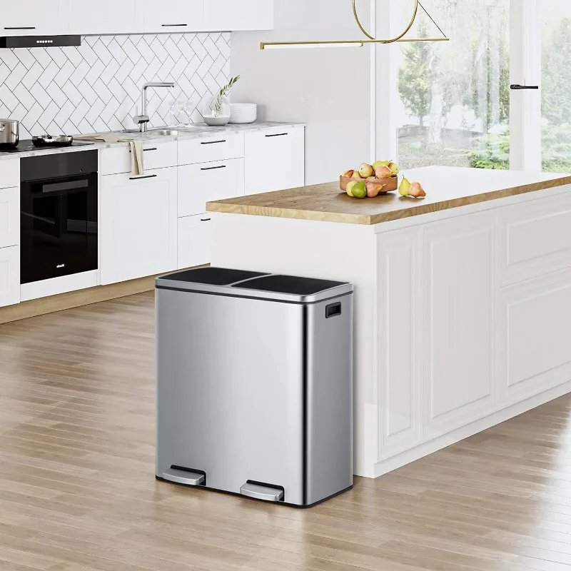 finetones Dual Step Trash Can, 16 Gallon (2×30L) Stainless Steel Garbage Can 2 Soft-Close Lid and 2 Removable Inner Wastebasket 3