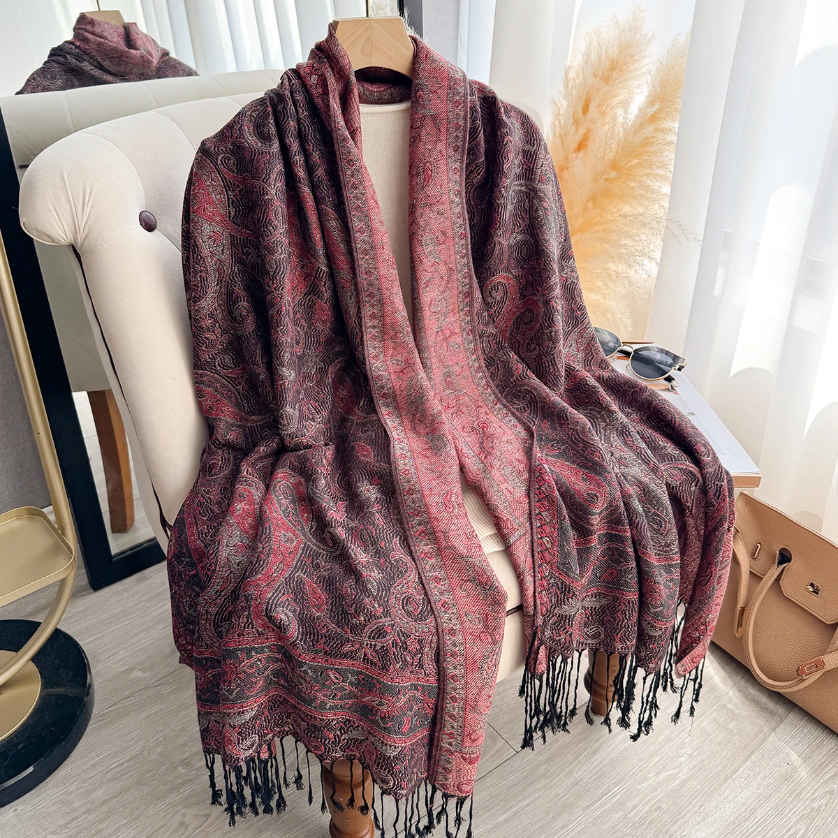 Women's Faux Cashmere Plaid Scarf - Thick Warm Tasseled Printed Pashmina Shawl Wrap, Winter Neckerchief