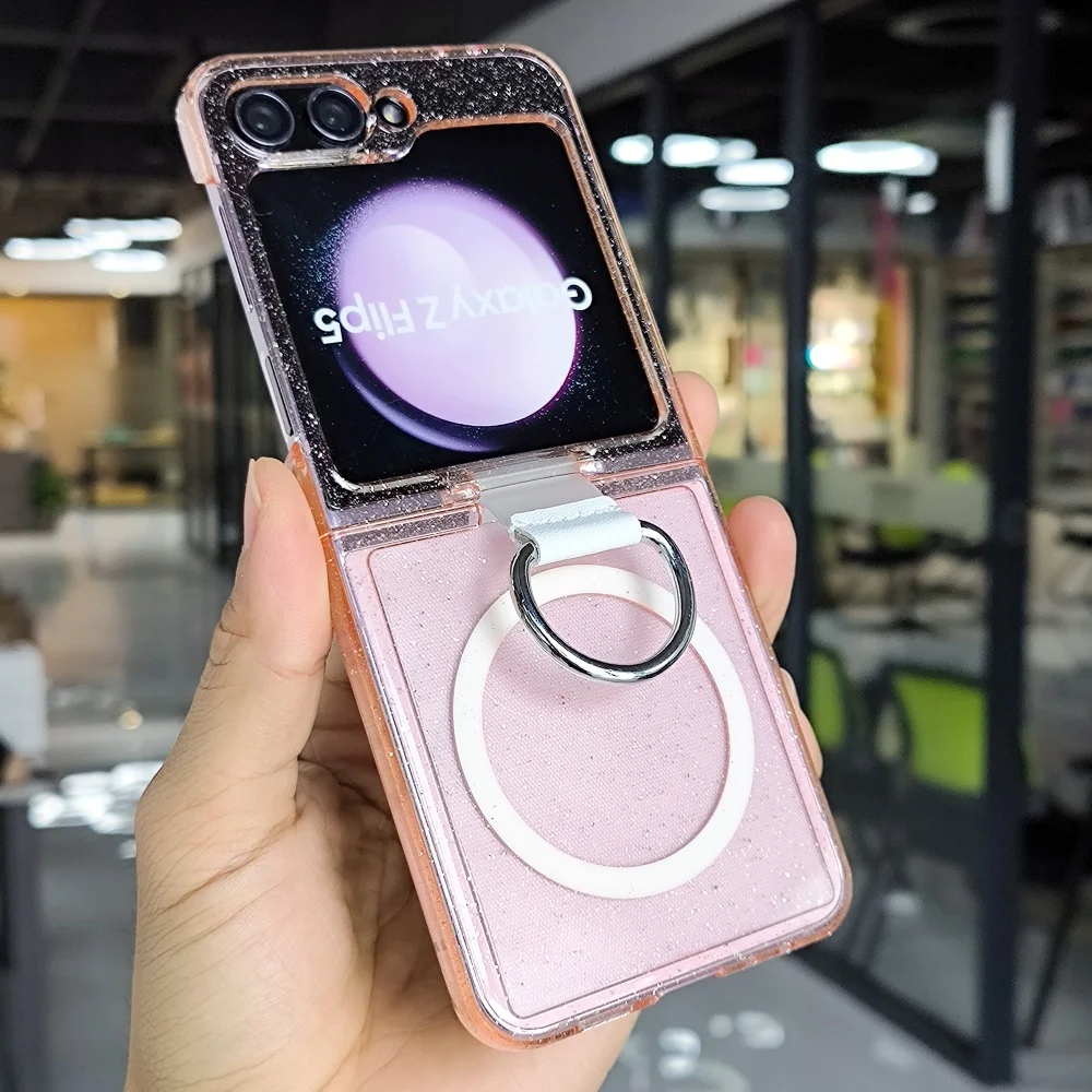Glitter Transparent Magnetic Ring Phone Case with Wireless Charging & Shockproof Protection