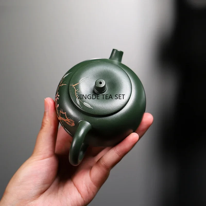 140ml Yixing purple clay teapot handmade flower and bird pot raw mineral green clay Chinese Kung Fu tea set
