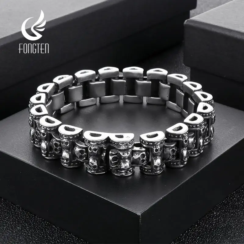 

Fongten 22cm Stainless Steel Men Bracelet Gothic Skull Bracelet For Men Sliver Color Skeleton Homens Bangle Bracelet Jewelry
